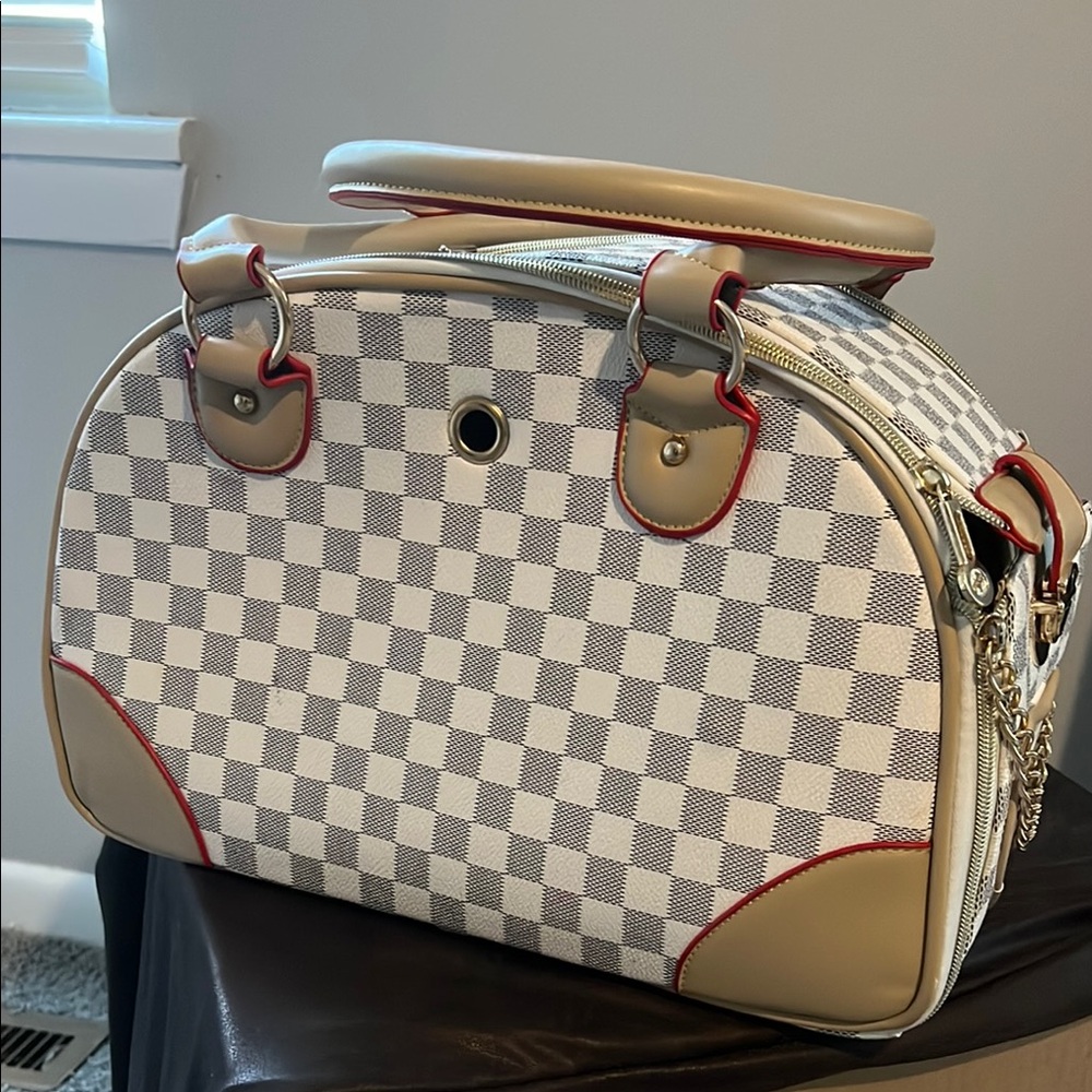 Stylish Checkered Dog Carrier with Red Accents